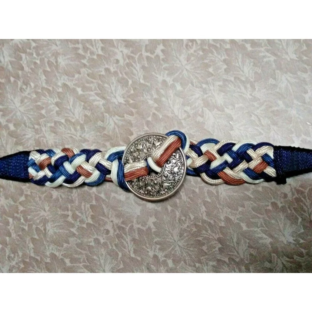 Womens Braided rope belt M/L Vintage Blue brown ivory, Silver ornate buckle Boho